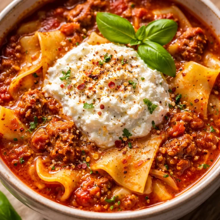 A bowl of hearty Lasagna Soup topped with cheese and herbs.