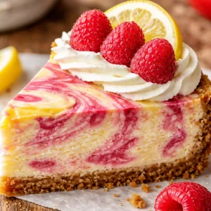 Lemon Raspberry Swirl Cheesecake topped with fresh raspberries and lemon zest