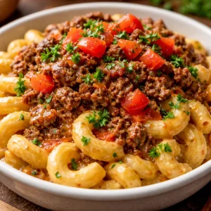 Delicious Loaded Cheeseburger Alfredo Pasta in a creamy sauce