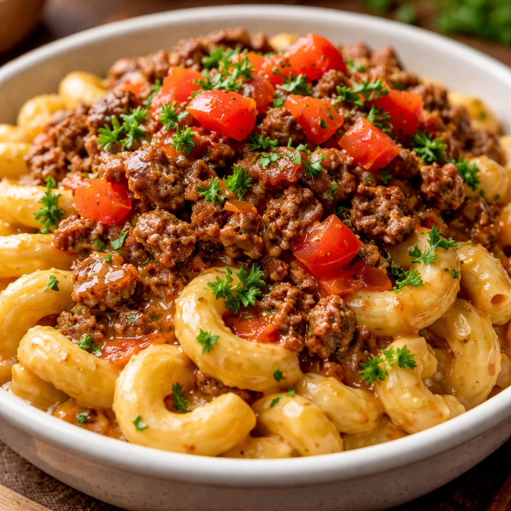 Delicious Loaded Cheeseburger Alfredo Pasta in a creamy sauce