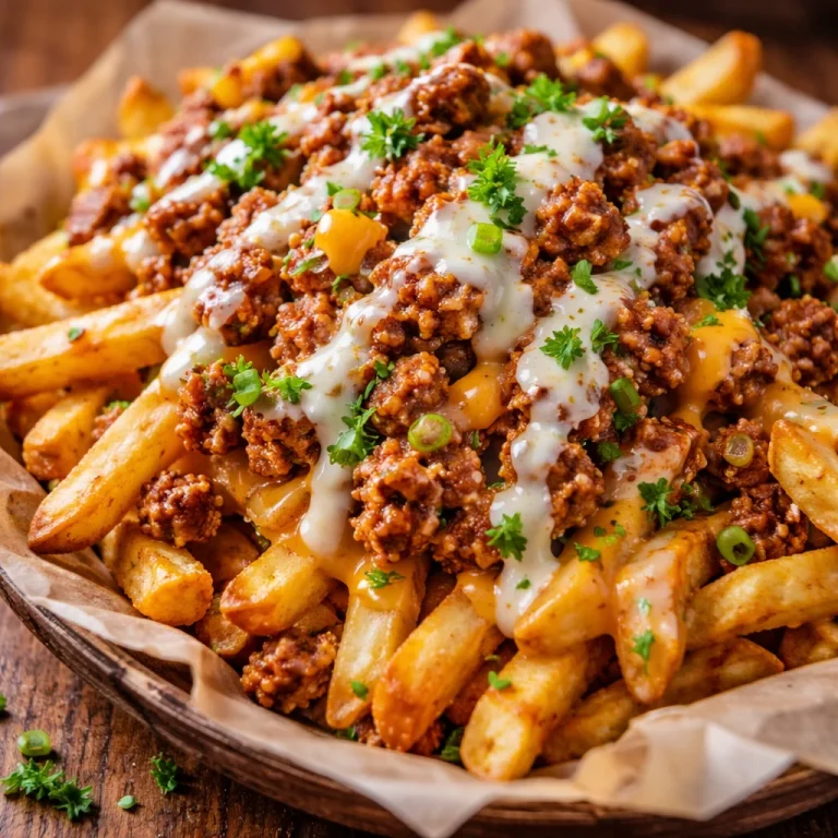 A bowl of Louisiana Voodoo Fries topped with spices and sauces.