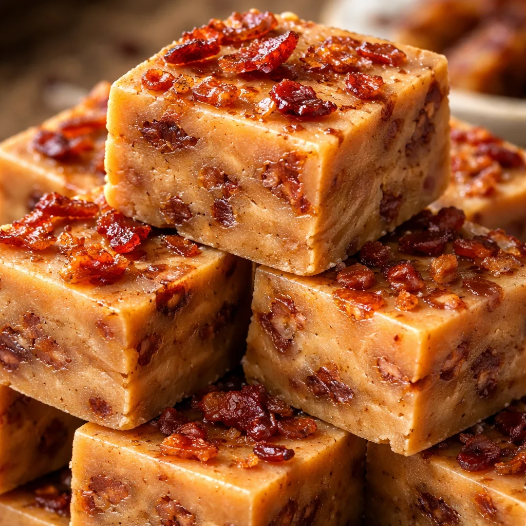 Delicious Maple Bacon Fudge topped with crispy bacon pieces, a unique dessert
