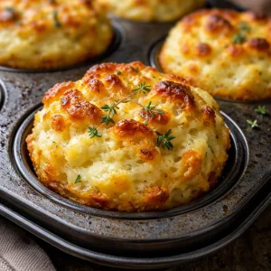 Savory mashed potato muffins on a wooden platter with herbs garnish