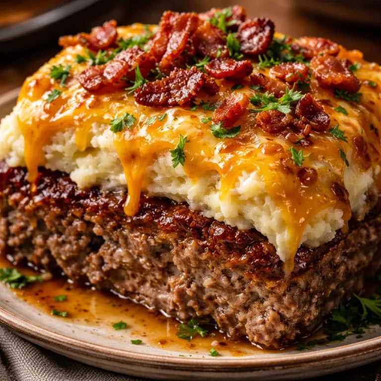 Delicious meatloaf served with creamy mashed potatoes and melted cheese.
