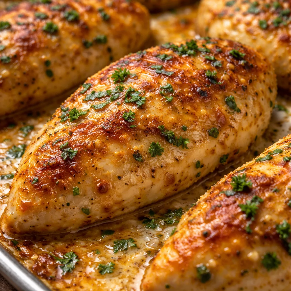 Juicy melt-in-your-mouth chicken breast served on a plate with herbs.