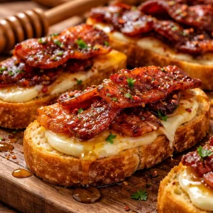 Delicious Million Dollar Bacon Crostini with crispy bacon and toppings