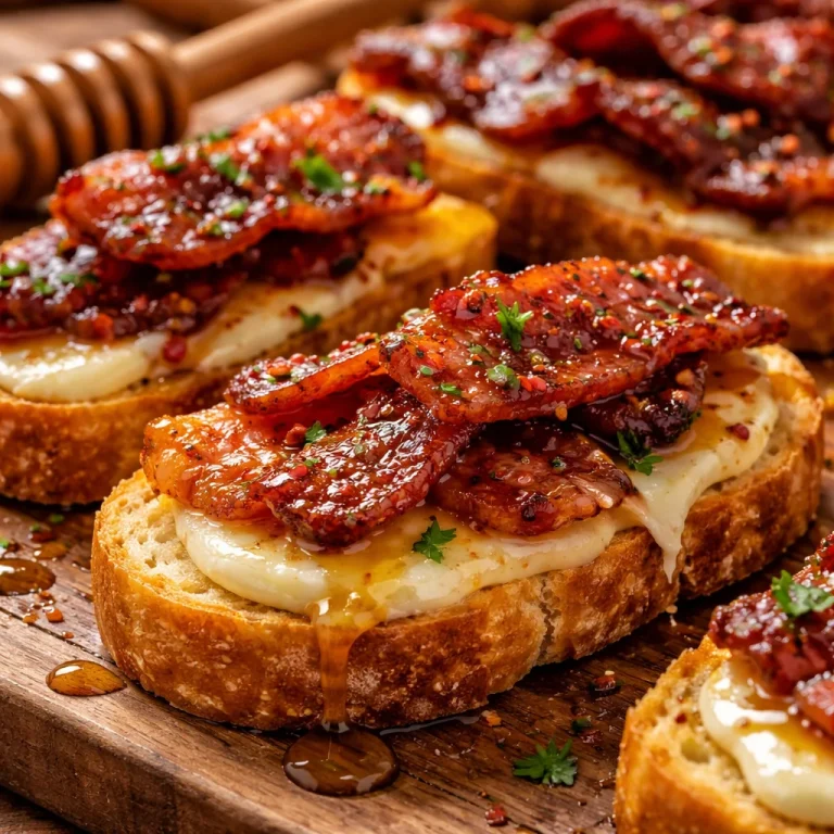 Delicious Million Dollar Bacon Crostini with crispy bacon and toppings