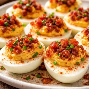 Million Dollar Bacon Deviled Eggs topped with crispy bacon and herbs