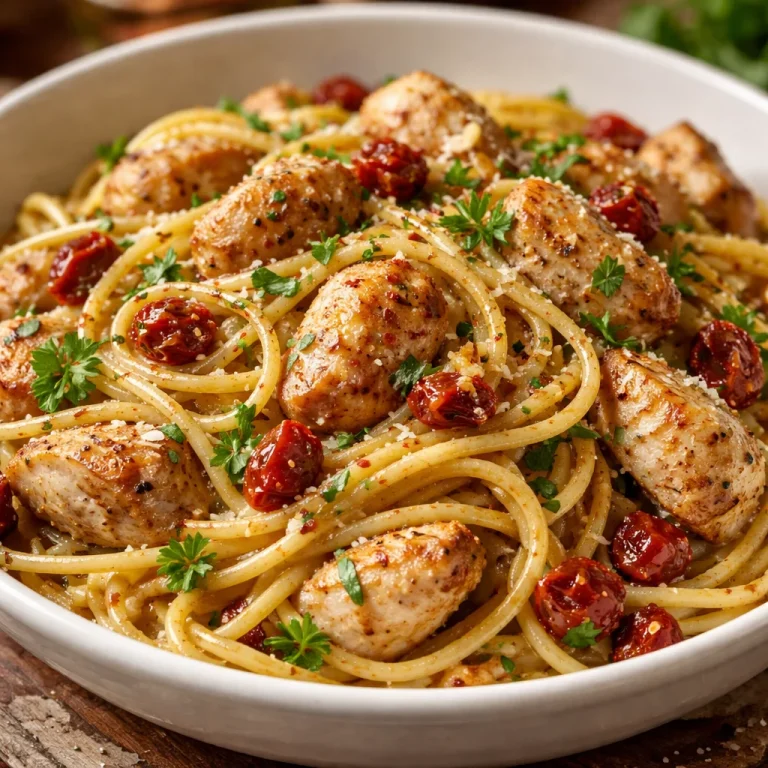 Delicious plate of Monterey Chicken Spaghetti topped with fresh herbs