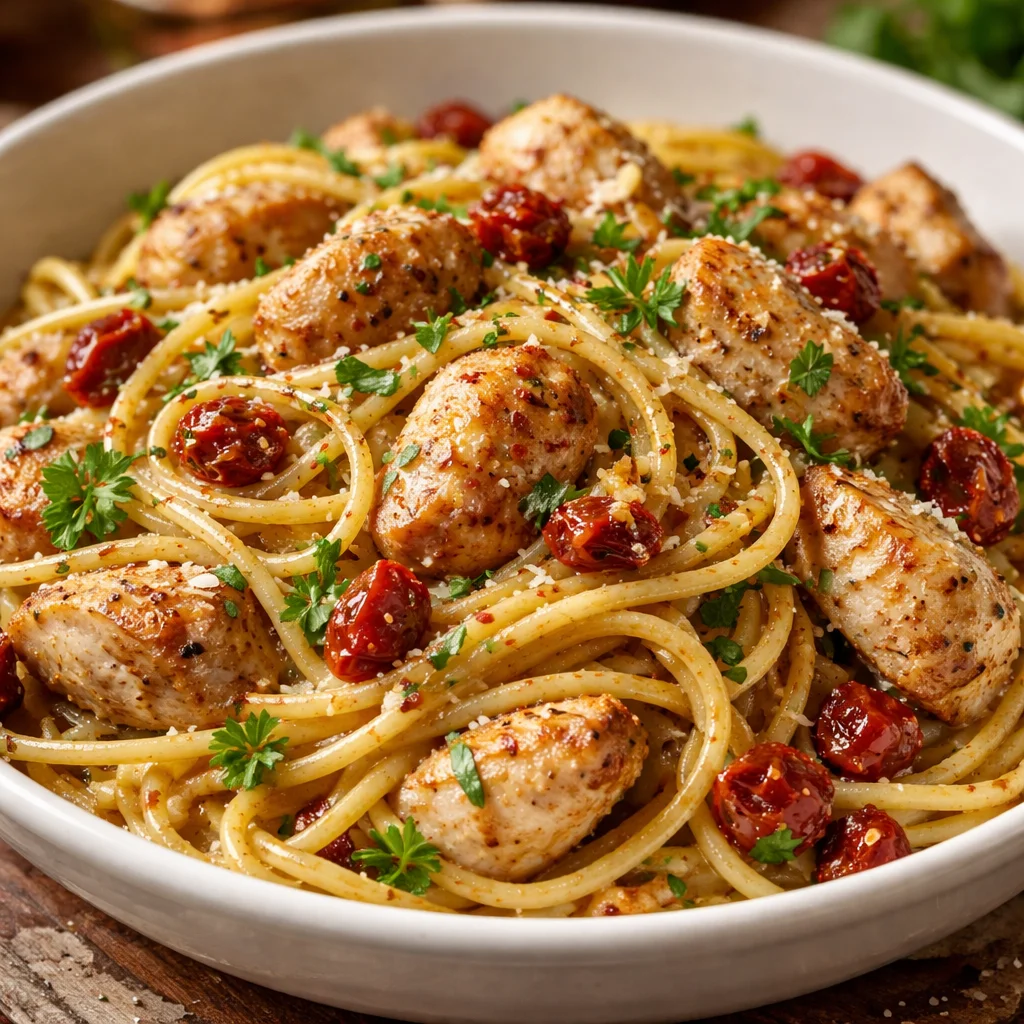 Delicious plate of Monterey Chicken Spaghetti topped with fresh herbs