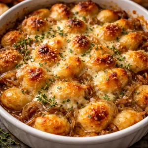 Baked French Onion Gnocchi topped with cheese and herbs