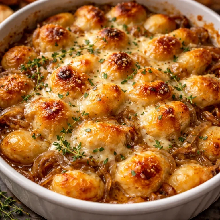 Baked French Onion Gnocchi topped with cheese and herbs
