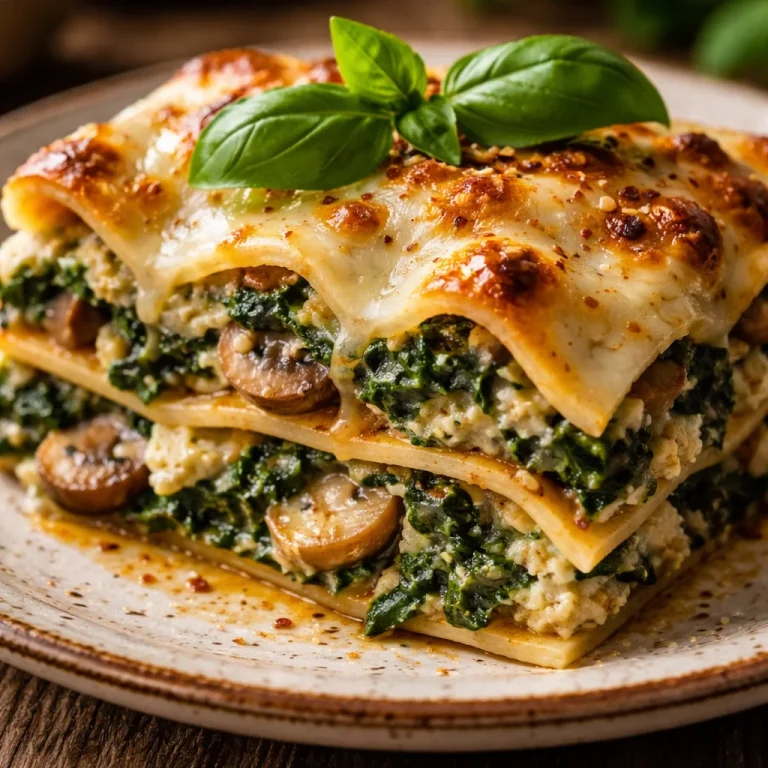 Delicious mushroom and spinach lasagna served on a plate