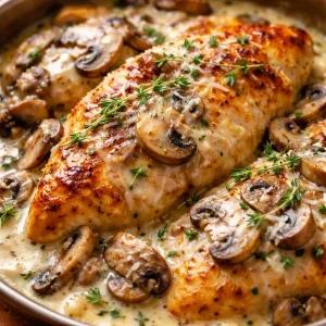 Delicious Mushroom Asiago Chicken served on a plate with herbs