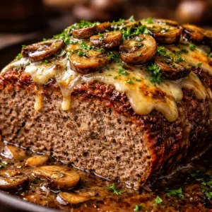 Delicious Mushroom Swiss Cheese Meatloaf served on a plate with garnish.