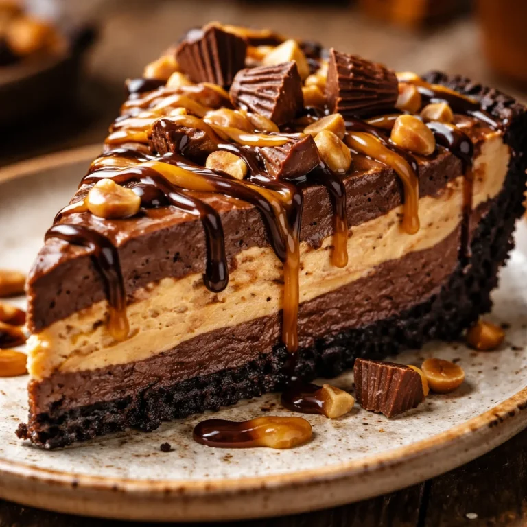 Delicious No Bake Chocolate Peanut Butter Pie topped with chocolate and peanut butter