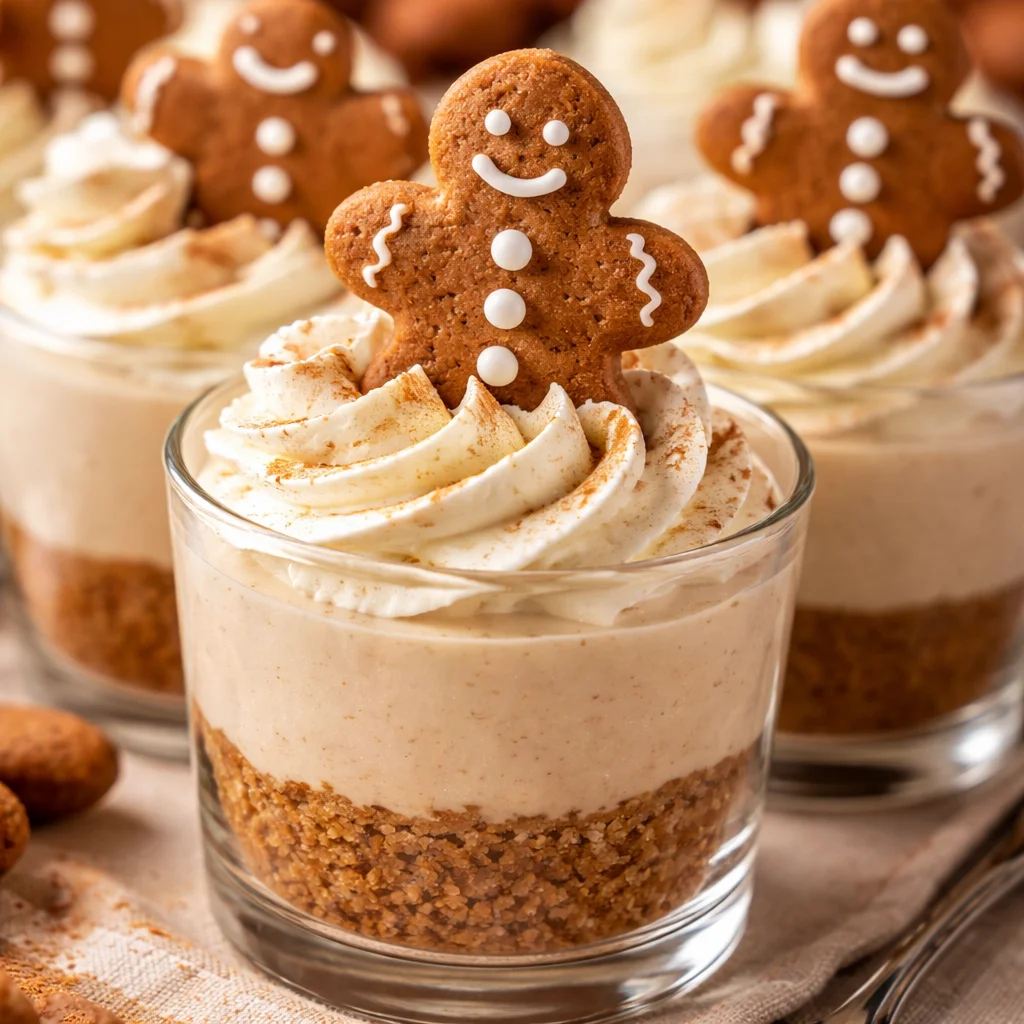 No-bake gingerbread cheesecake cups topped with whipped cream and spices