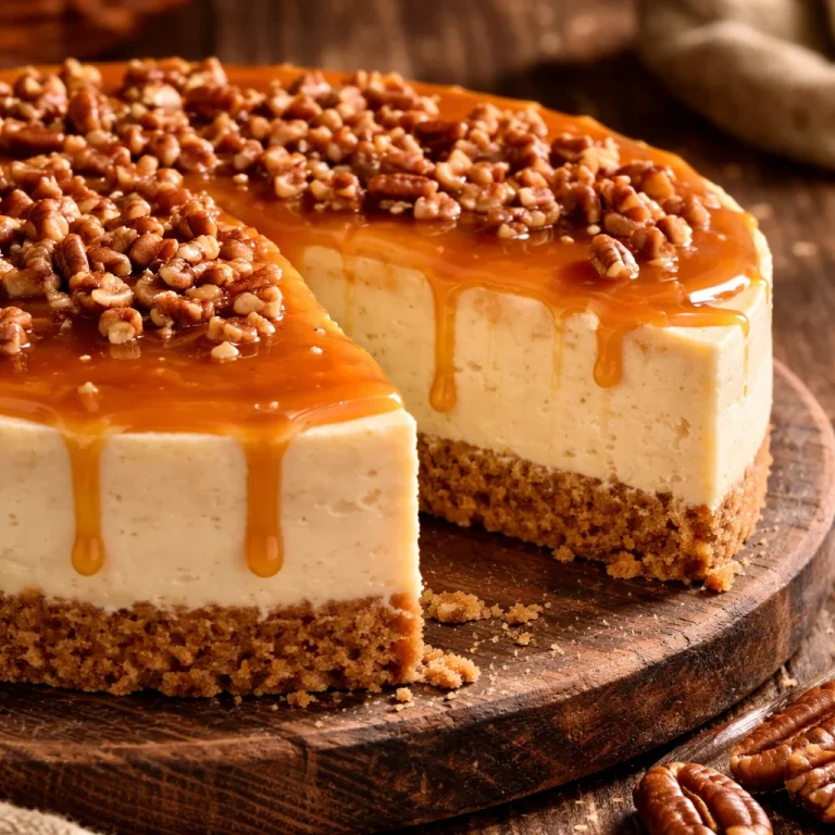 No-Bake Maple Bourbon Cheesecake topped with caramel and nuts.