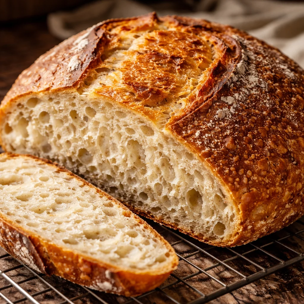 Freshly baked no-knead Dutch oven crusty bread on a wooden table