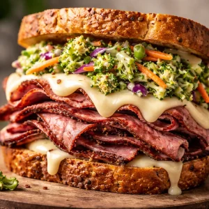 Pastrami sandwich with broccoli slaw and Swiss cheese on a plate
