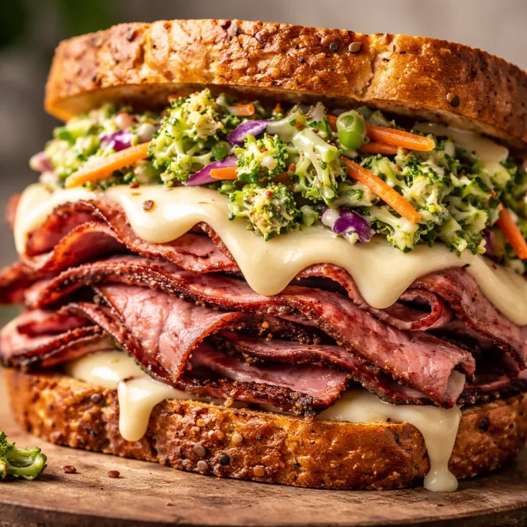 Pastrami sandwich with broccoli slaw and Swiss cheese on a plate