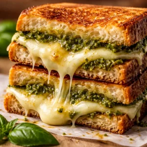 Melted cheese sandwich with pesto on toasted bread, a gourmet grilled cheese dish.