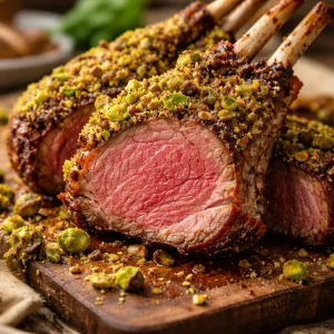 Pistachio-Crusted Rack of Lamb served on a platter with herbs and side dishes
