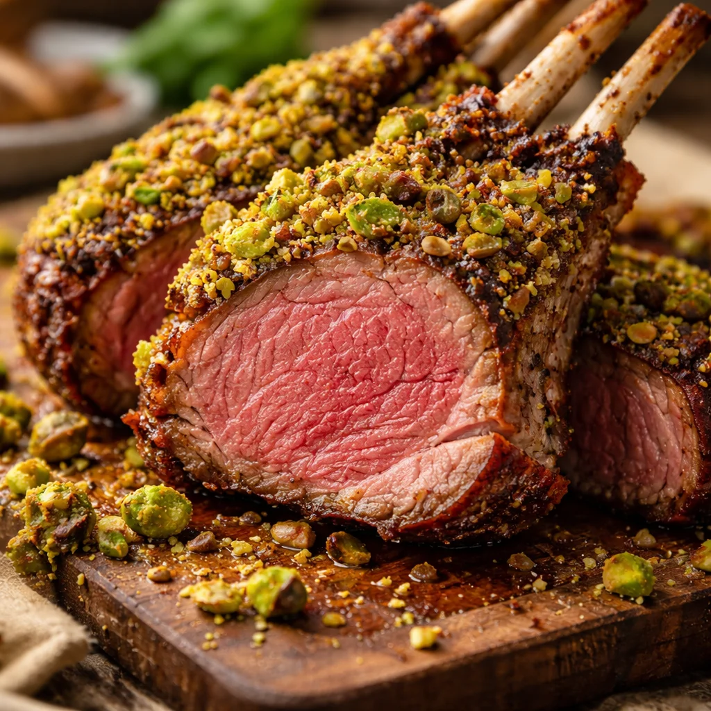 Pistachio-Crusted Rack of Lamb served on a platter with herbs and side dishes
