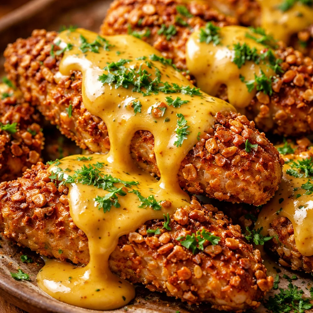 Plate of Pretzel Chicken topped with mustard-cheddar sauce
