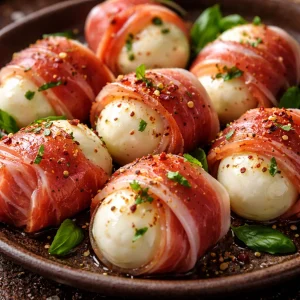 Prosciutto Wrapped Mozzarella Bites arranged on a platter