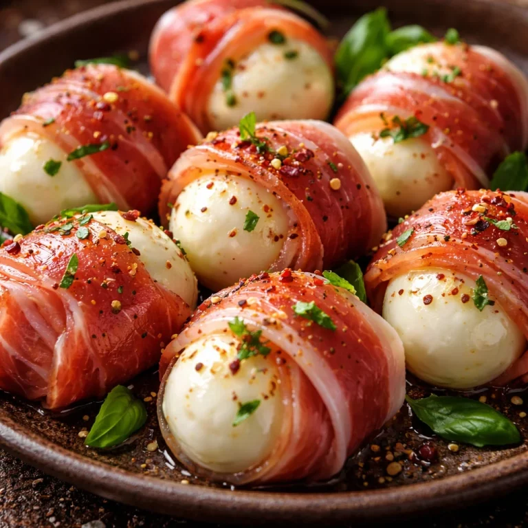 Prosciutto Wrapped Mozzarella Bites arranged on a platter