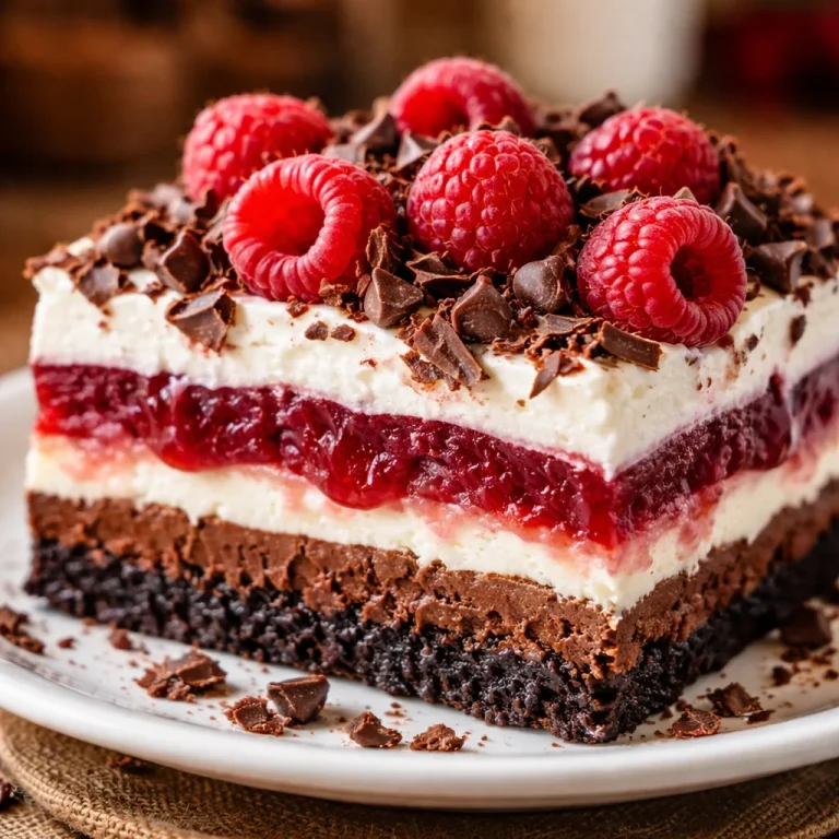 Delicious Raspberry Chocolate Lasagna dessert with layers of chocolate and raspberries