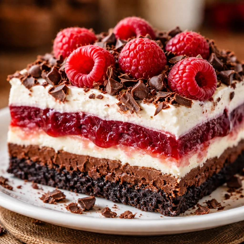 Delicious Raspberry Chocolate Lasagna dessert with layers of chocolate and raspberries