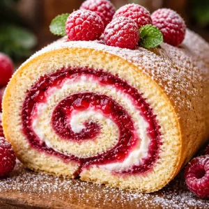 Festive Raspberry Swirl Christmas Roll dessert with a beautiful swirl design