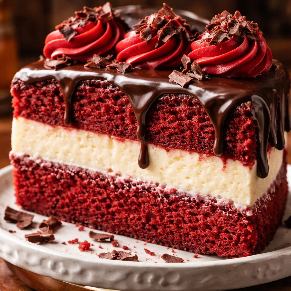 Delicious Red Velvet Cheesecake Layer Cake with cream cheese frosting