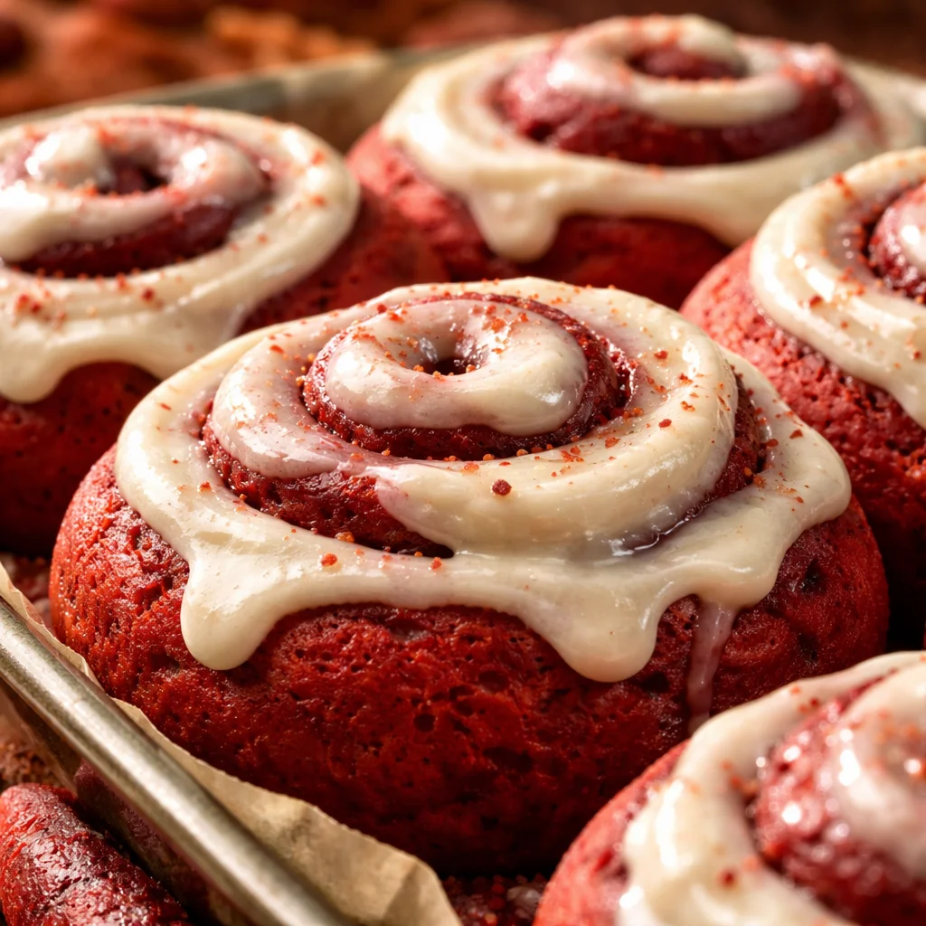Red velvet cinnamon rolls with cream cheese icing on a plate