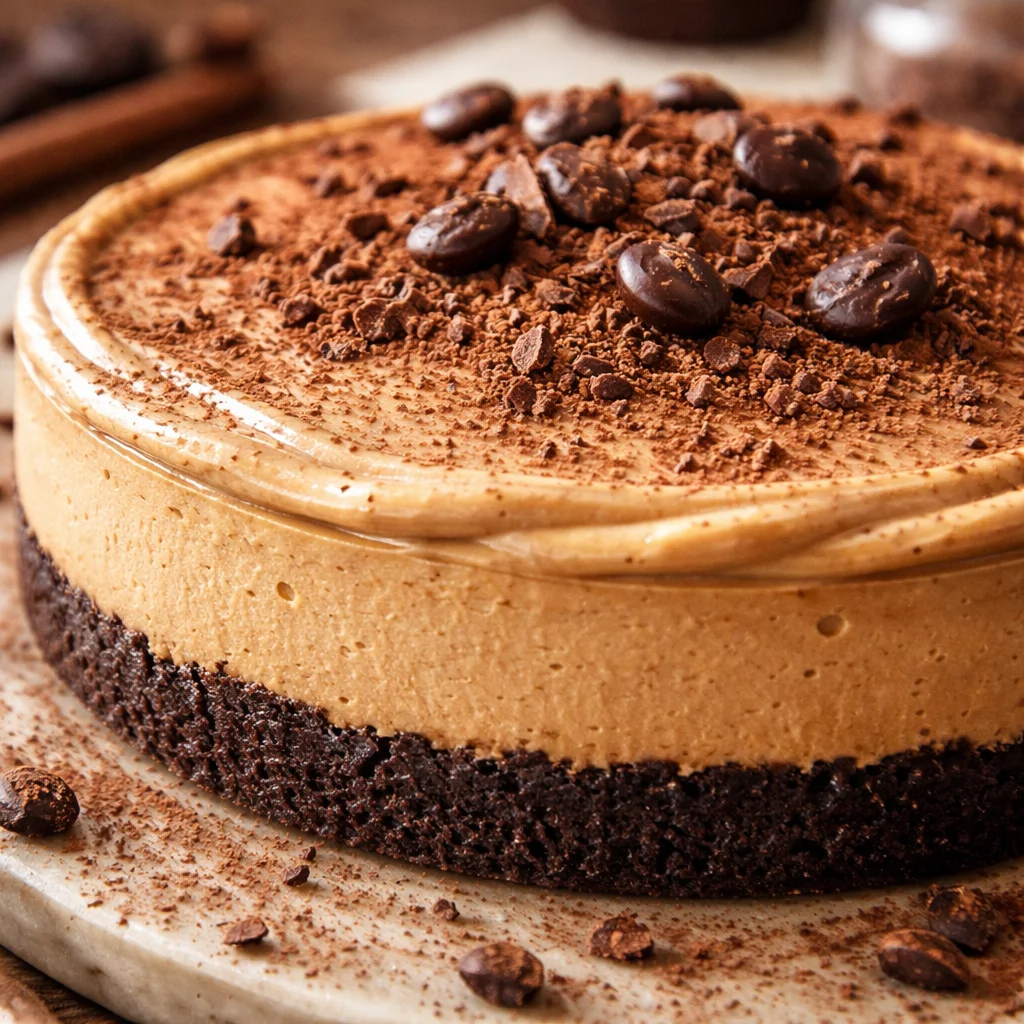 Delicious rich espresso cheesecake topped with chocolate and coffee beans.