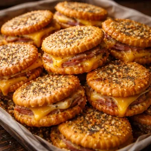 A platter of festive Ritz Cracker Sandwiches for party snacks.