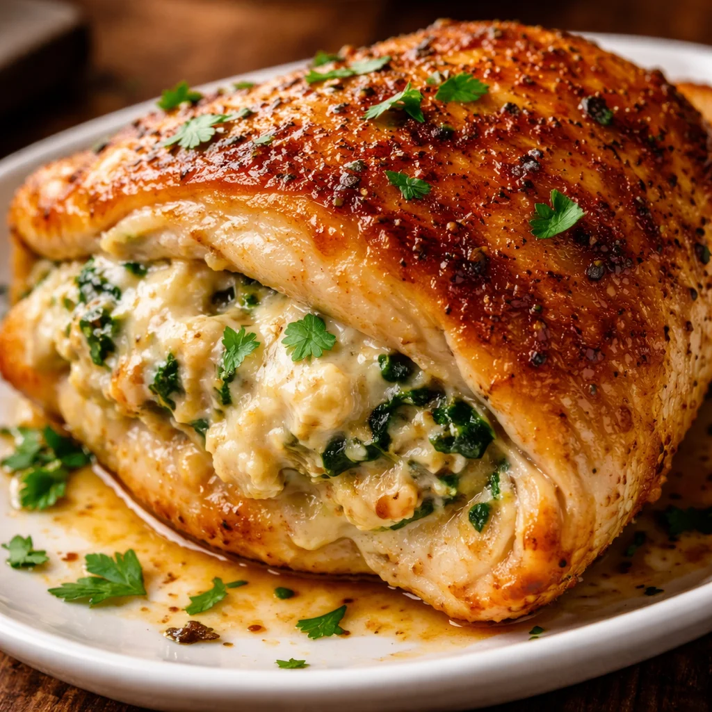 Delicious Ruth's Chris Stuffed Chicken copycat recipe plated with herbs.