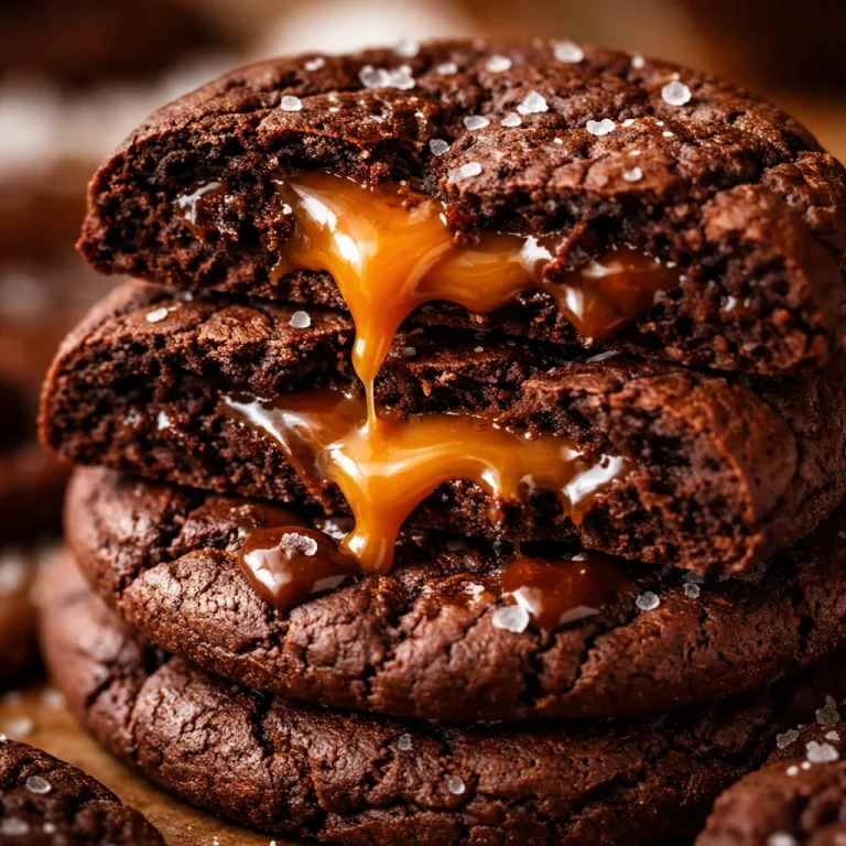 Delicious salted caramel chocolate cookies on a plate, topped with sea salt.
