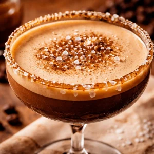 Salted Caramel Espresso Martini cocktail served in a glass with coffee beans