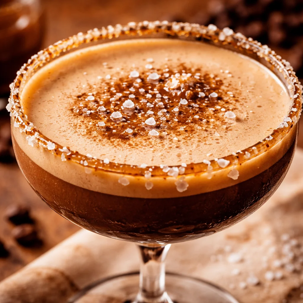 Salted Caramel Espresso Martini cocktail served in a glass with coffee beans