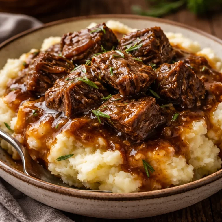 Slow Cooker Beef Manhattan served with a side of vegetables and mashed potatoes.