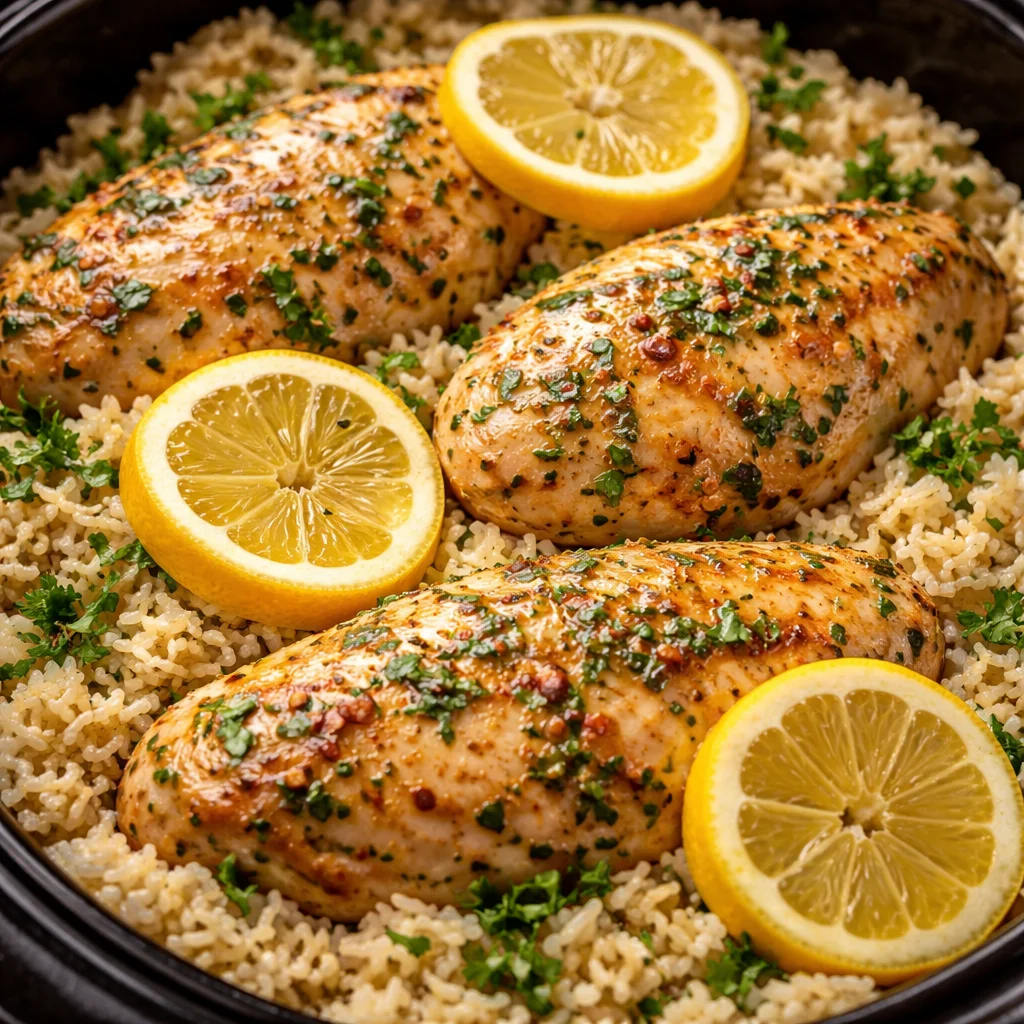 Slow Cooker Lemon Herb Chicken with Fluffy Rice dish