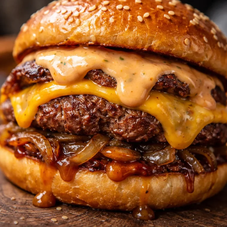 Delicious homemade Smash Burger Sauce drizzled over a juicy burger