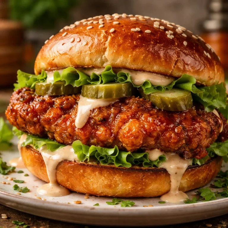 Spicy chicken sandwich with creamy sauce and fresh toppings on a rustic plate