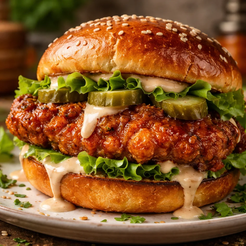 Spicy chicken sandwich with creamy sauce and fresh toppings on a rustic plate