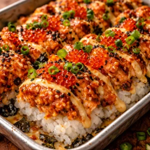 Delicious spicy salmon sushi bake topped with avocado and crunchy toppings