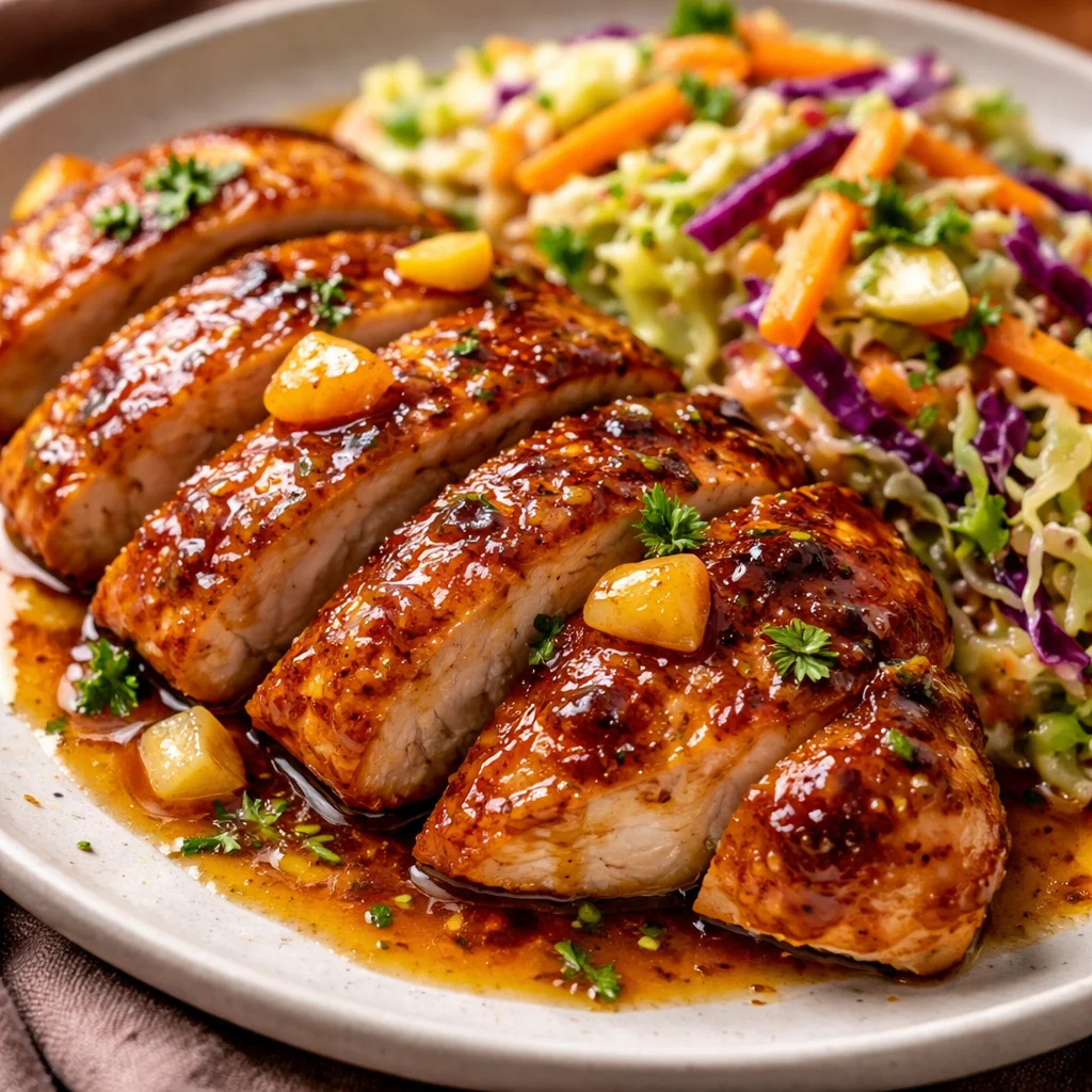 Sticky apple cider chicken served with autumn slaw