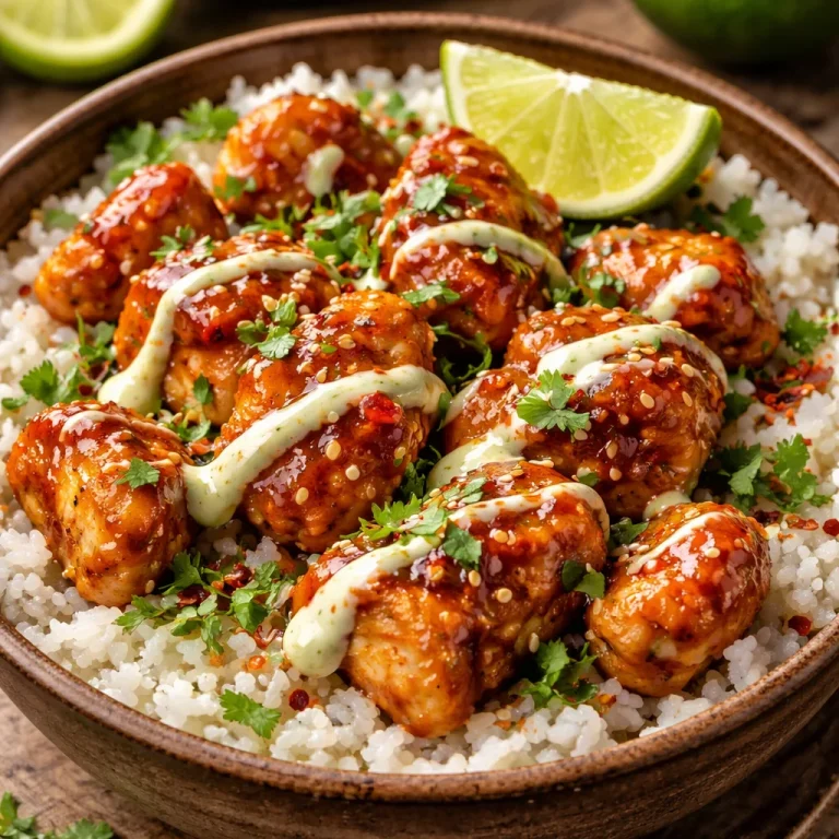 Sweet Chili Chicken Bowl topped with Coconut Lime Drizzle